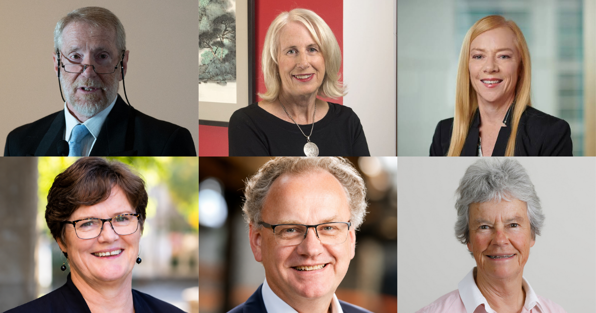 A series of professional headshots of ACOLA's Australian Energy Transition Research Plan steering committee. Featuring Emeritus Professor Kenneth Baldwin, Distinguished Professor Fran Baum, Emeritus Professor Sue Richardson, Merryn York, Thomas Maschmeyer, Emeritus Professor Lesley Head